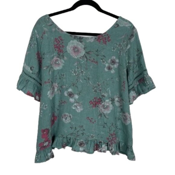 Alessia Pacini Italy Women's Linen Floral Boho Ruffle Top Size L - Picture 6 of 9